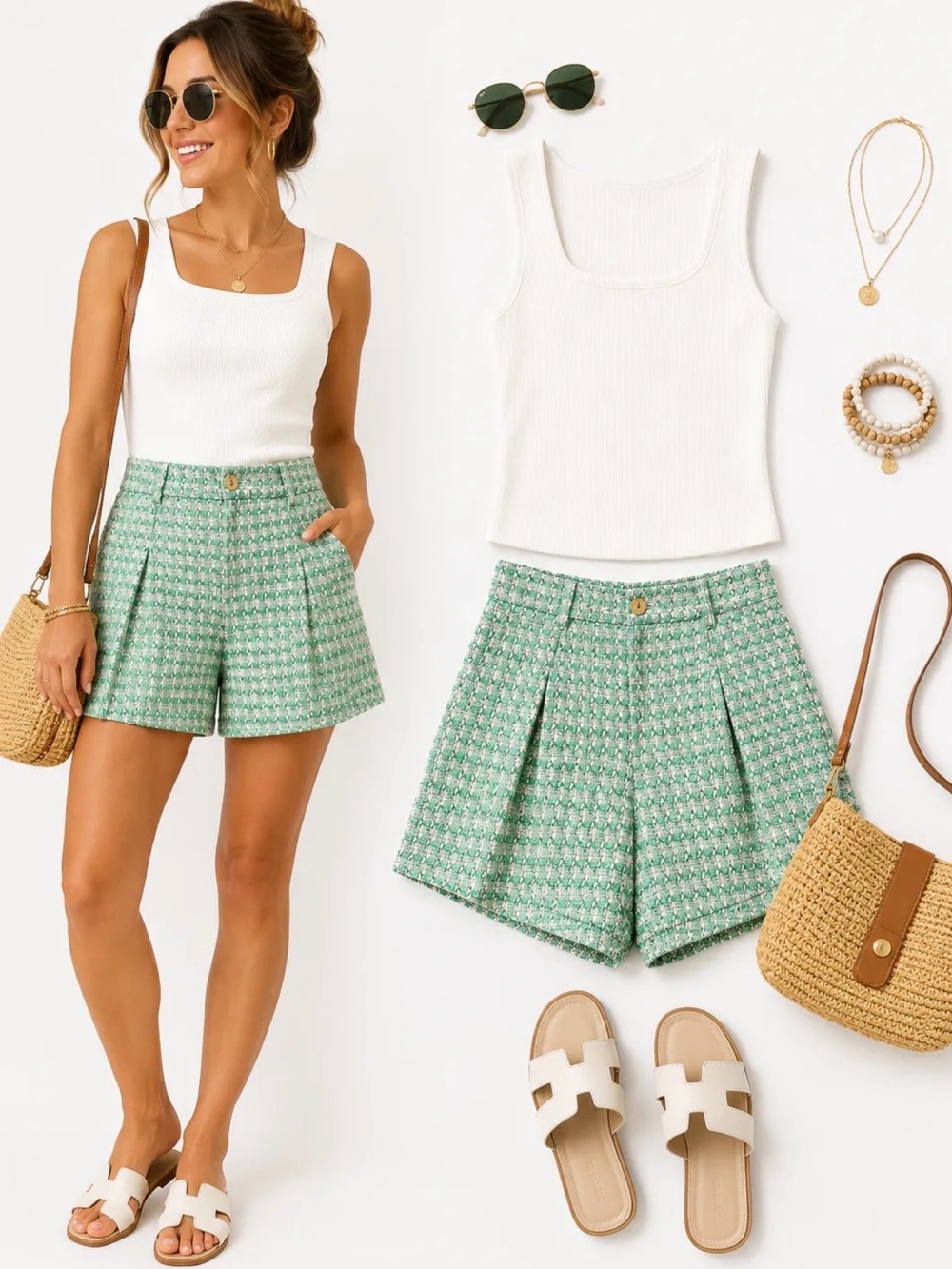 Maeve Green & Cream Tweed High-Rise Shorts